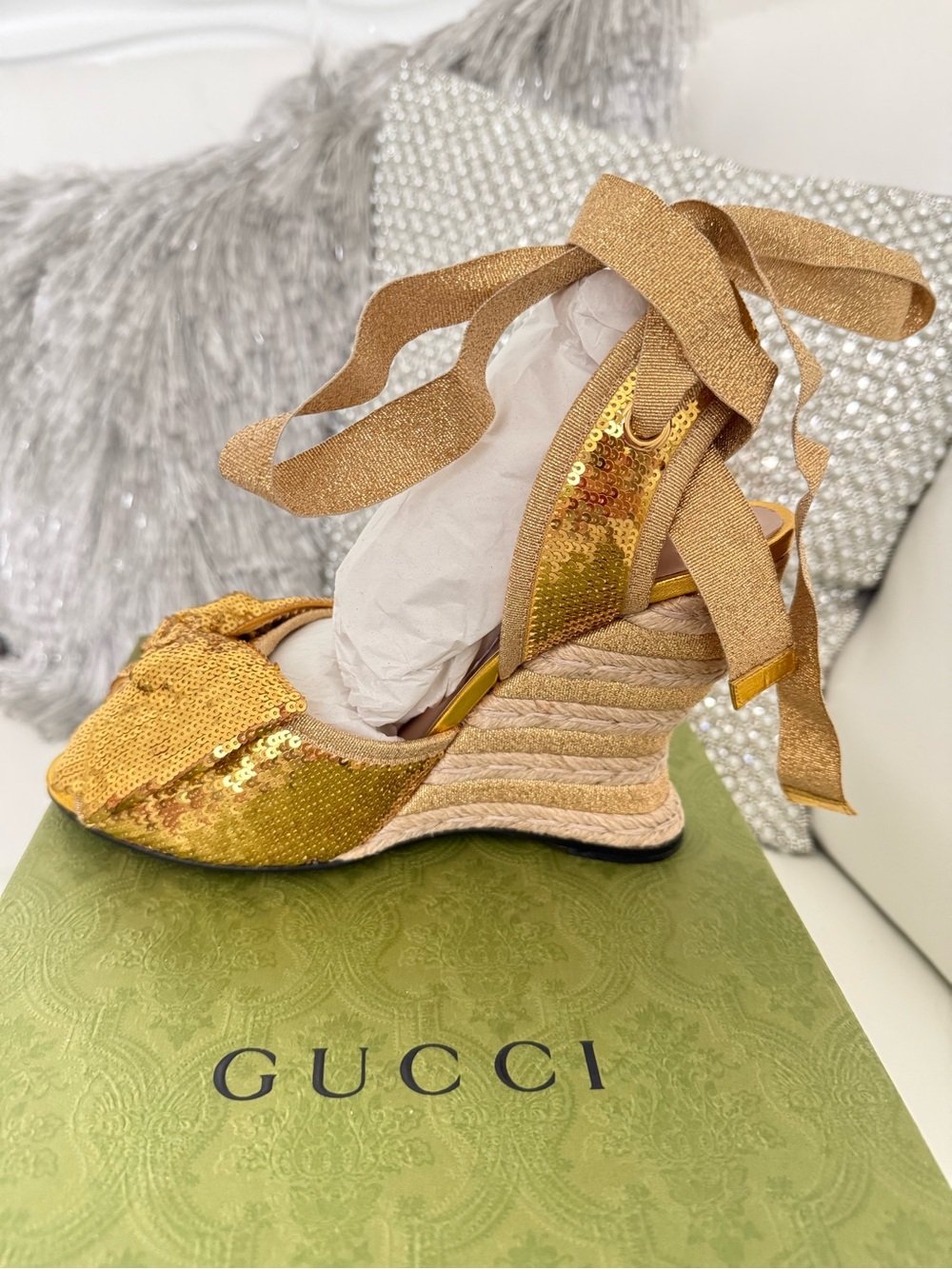 Gucci Gold Sequin Espadrille Wedge Sandals with Ankle Wrap - Picture 5 of 11
